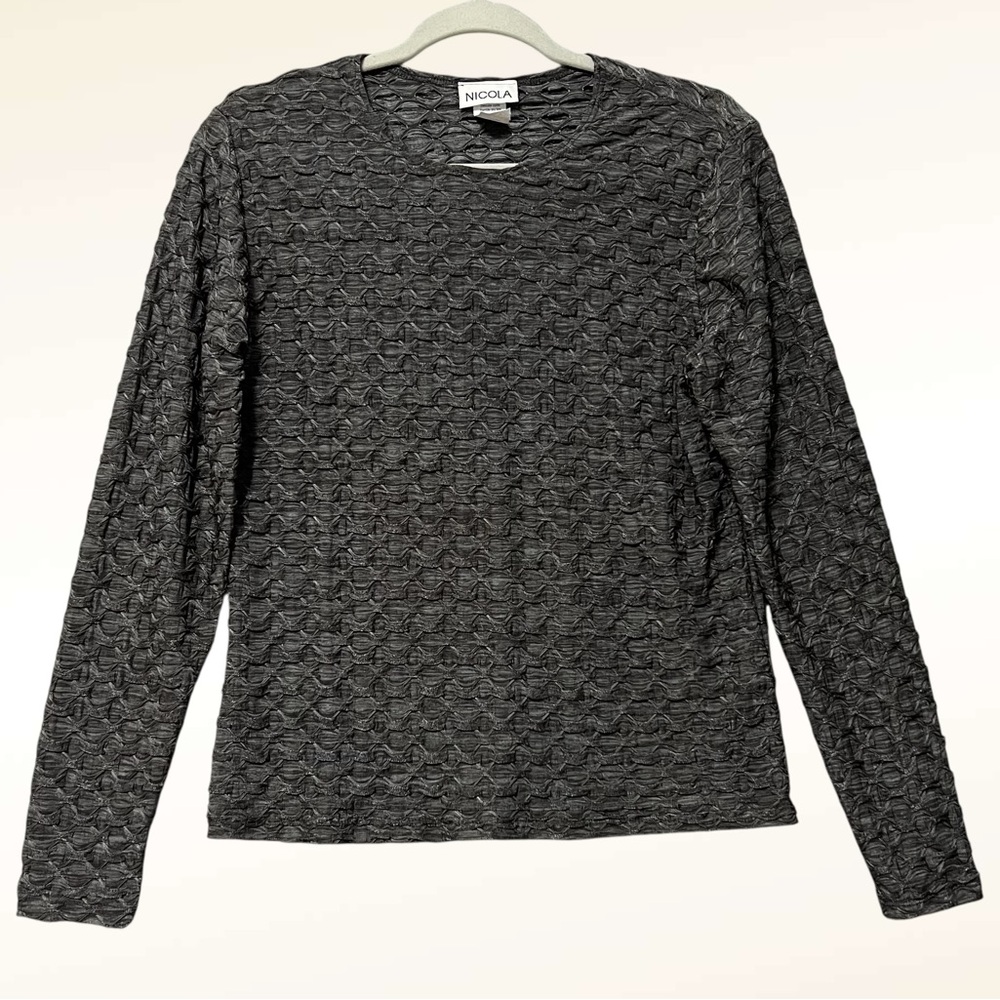 NICOLA Smocked Knit Top NWT Size Large Charcoal Gray Long Sleeve Fitted